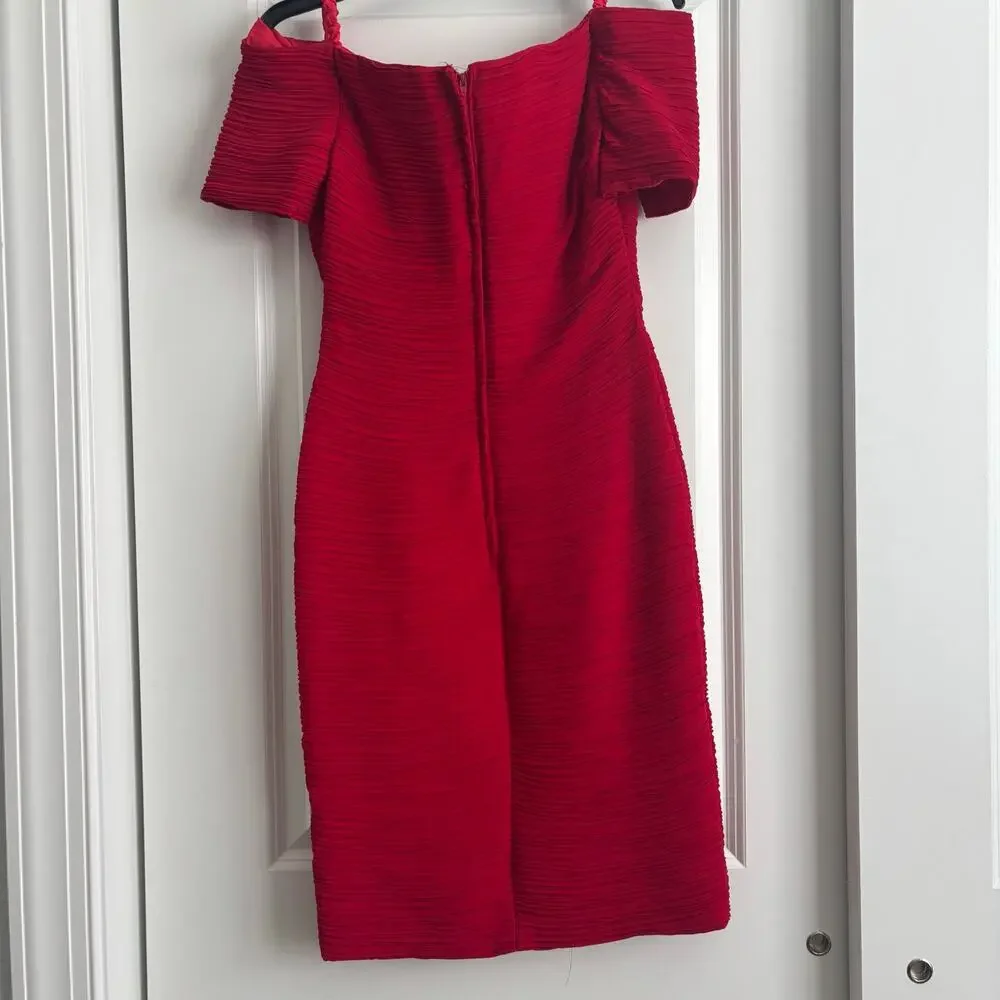 Vintage Bari Jay 80s 90s Red Crinkle Pleated Off Shoulder Prom Midi Dress 5/6